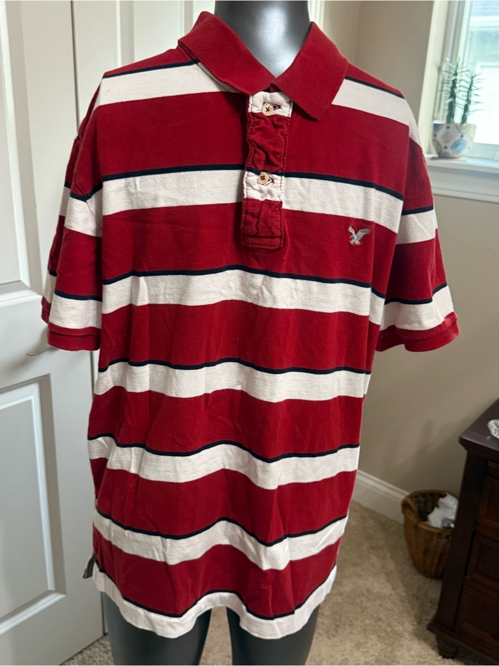 American Eagle Outfitters Red, White & Navy Striped Polo